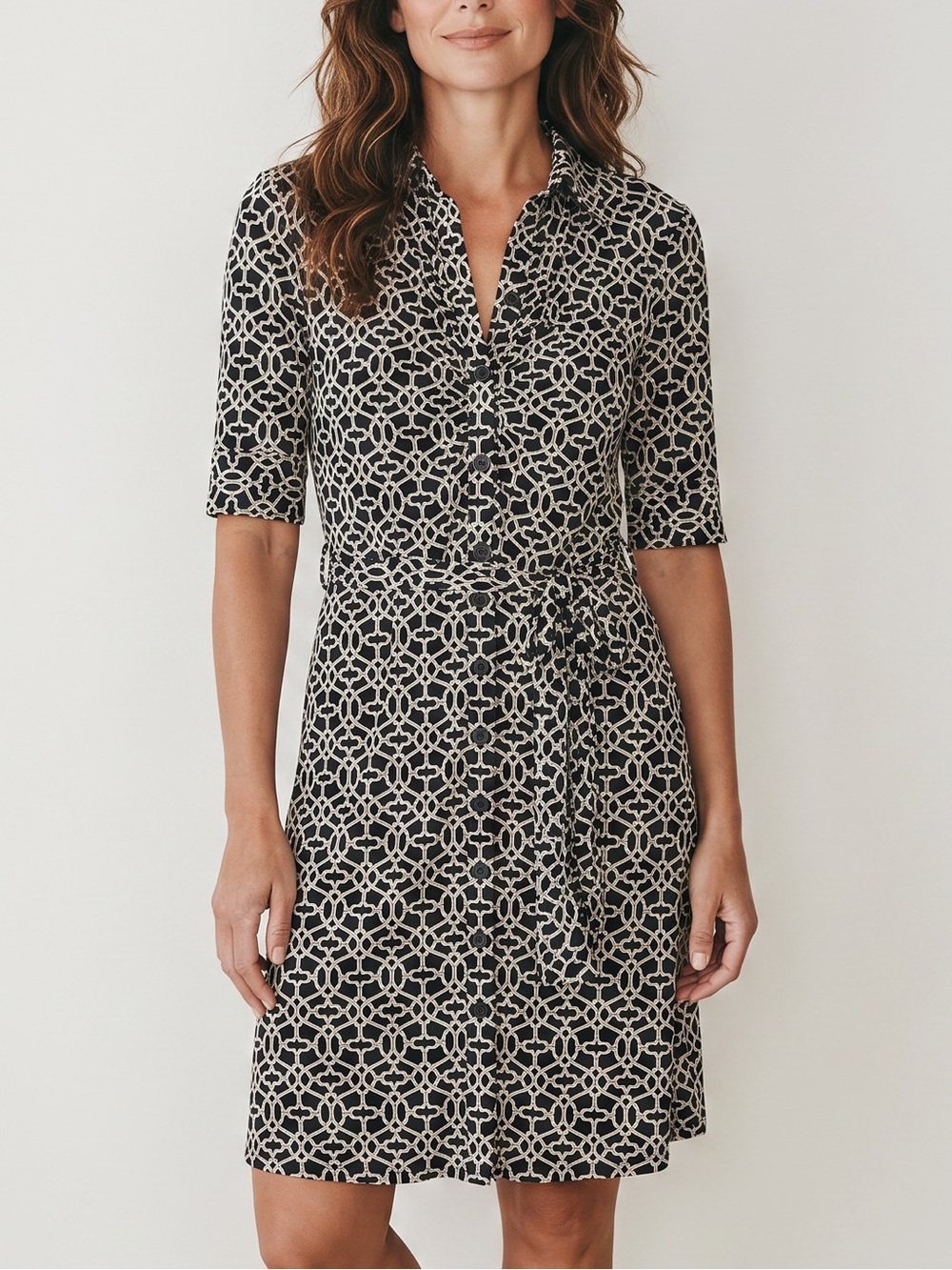 LAUNDRY by Shelli Segal Black White Geometric Print Tie Waist Shirt Dress